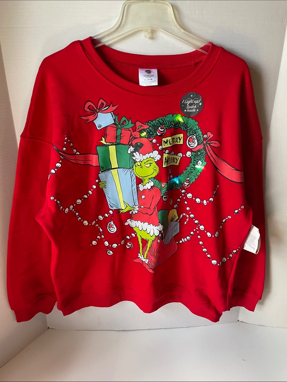 Unisex Size 16-18 Christmas Grinch Sweatshirt Lights up Ugly Christmas NWT